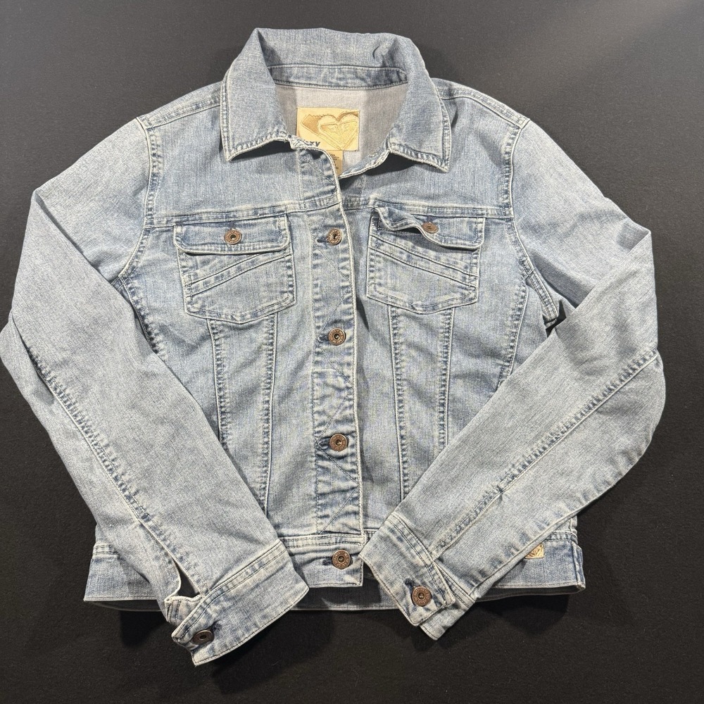 Vintage Y2K Roxy Jean Jacket Women's Large Blue Denim Distressed Light Wash